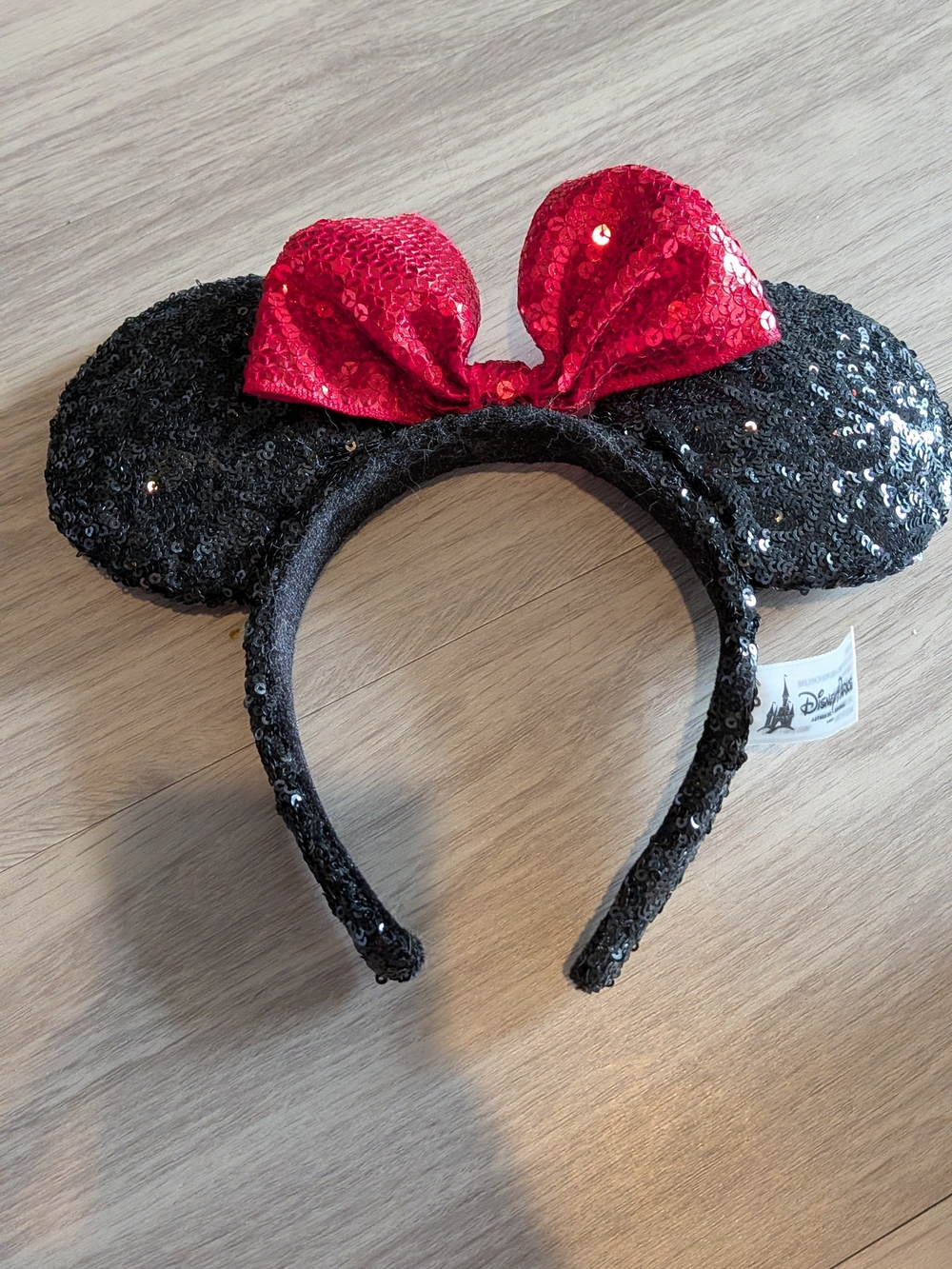 Disney Black Sequin Minnie Ears Headband with Red Bow